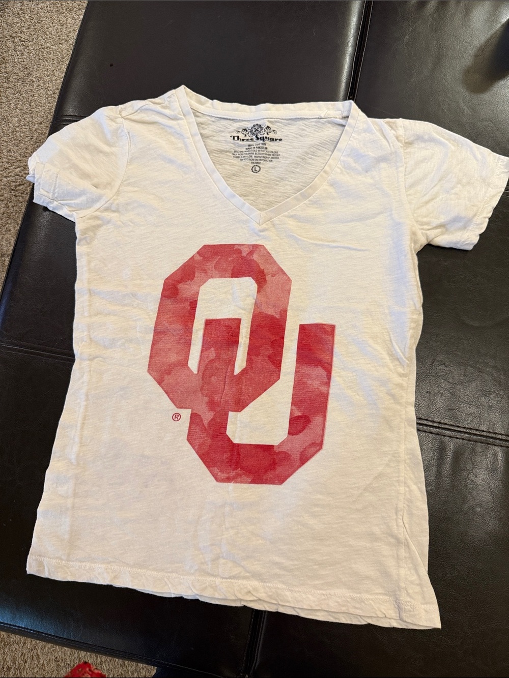 White V-Neck Tee with Red OU Graphic